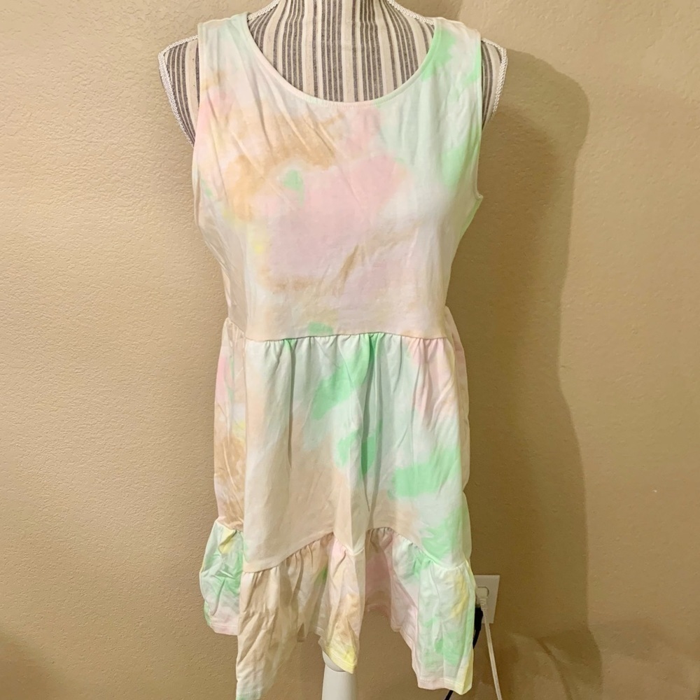 NWT Love, Fire Dress XL Jrs Pastel Green Pink TieDye Cotton Mini Sleeveless NEW - Picture 1 of 16